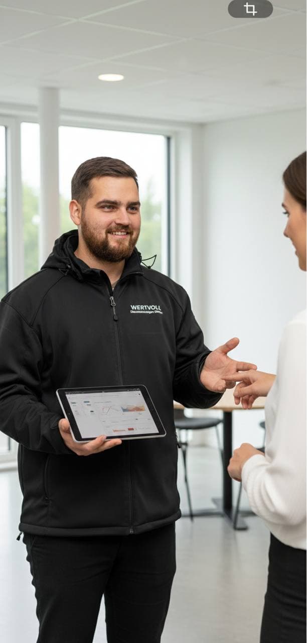 Markus Knaub bei der persönlichen Kundenberatung mit Tablet — Ihr Ansprechpartner für Schimmelpilzbegutachtung in Hannover